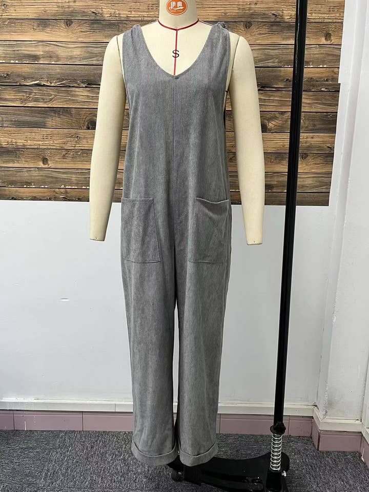 Sleek Grey V-neck Jumpsuit Essential wide leg Playsuit for wholesale on Faire