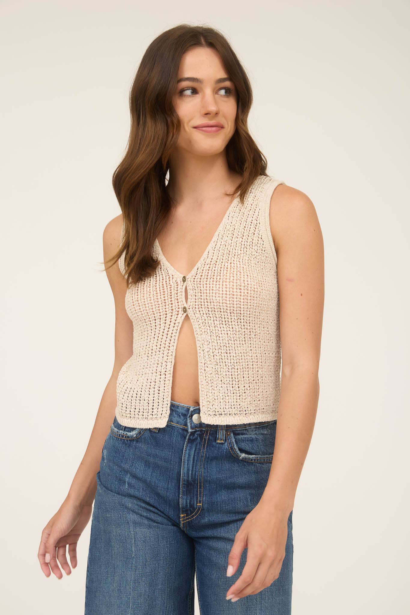 Blu Pepper - Wholesale Outerwear Vest - Women's - V NECK FRONT BUTTON CROCHET KNIT VEST33