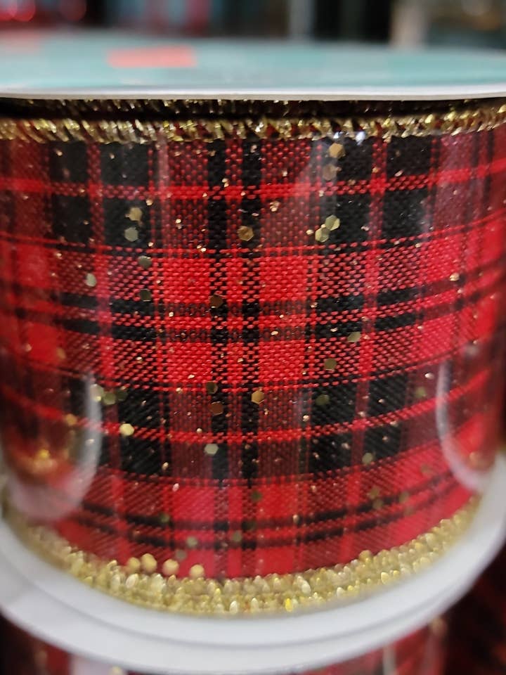 2.5"X10YD CHECK PLAID W/HEX GLITTER RED/BLACK/GOLD (AK) for wholesale by Waterman's Loft Inc.
