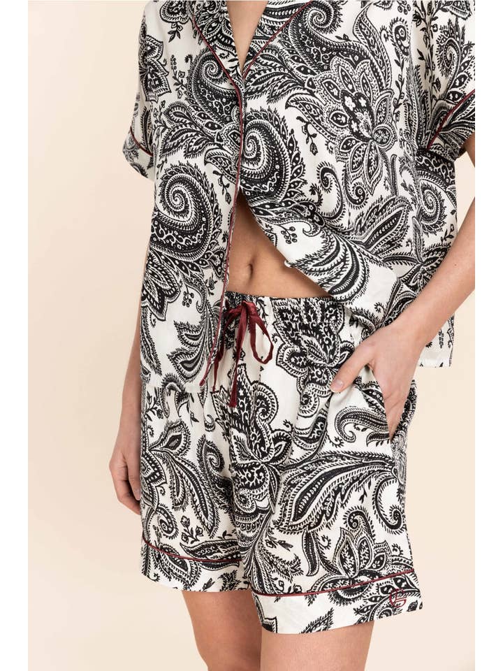 Cream Cotton Sateen Short Pyjama Set - Daphne B&W Paisley for wholesale on Faire5