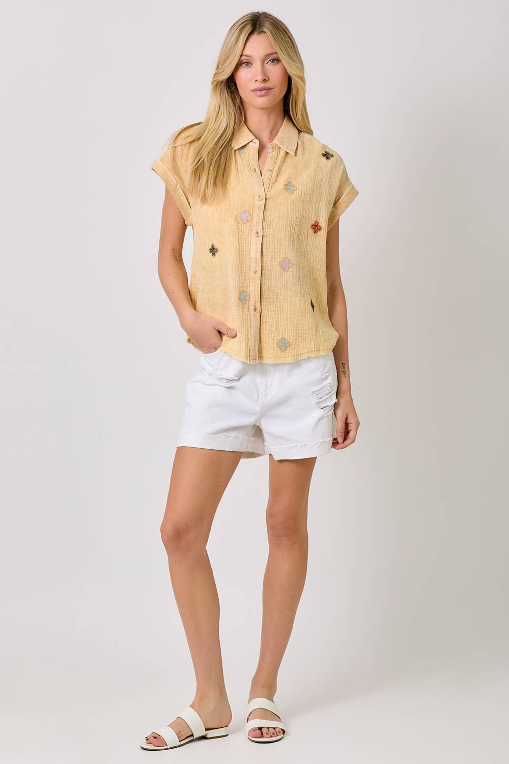 Mystree - Vente Chemise à col boutonné – femme - Haut brodé lavé 609585