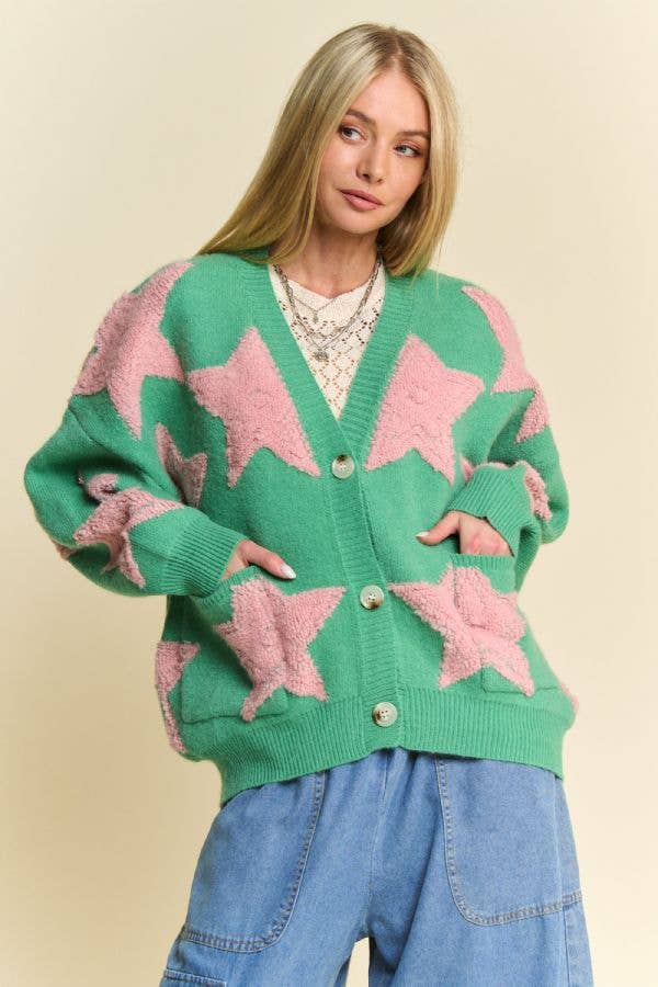 Davi & Dani - Wholesale Cardigan - Women's - FUZZY KNIT STAR LOOSE FIT BUTTON DOWN CARDIGAN2