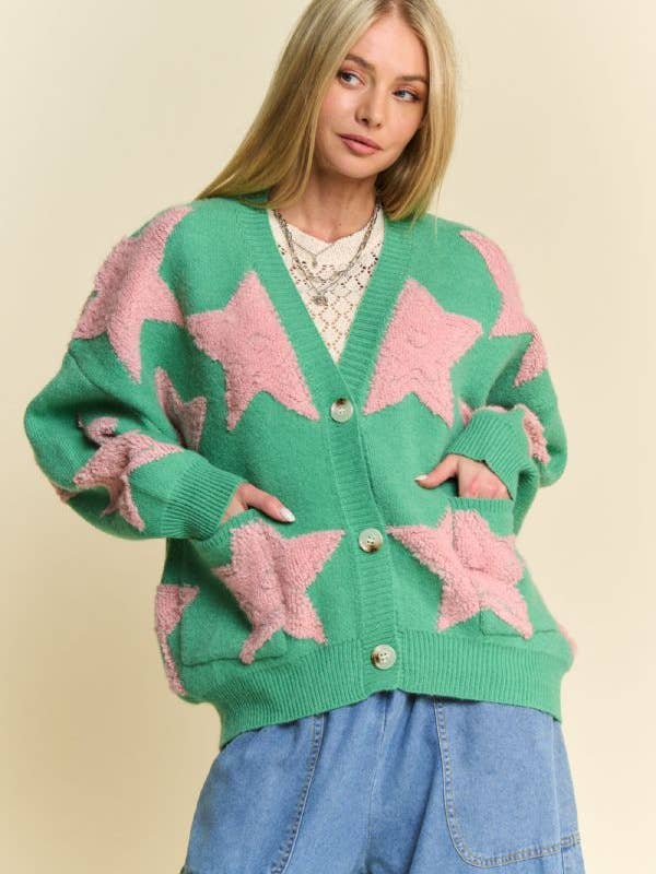 Davi & Dani - Wholesale Cardigan - Women's - FUZZY KNIT STAR LOOSE FIT BUTTON DOWN CARDIGAN2