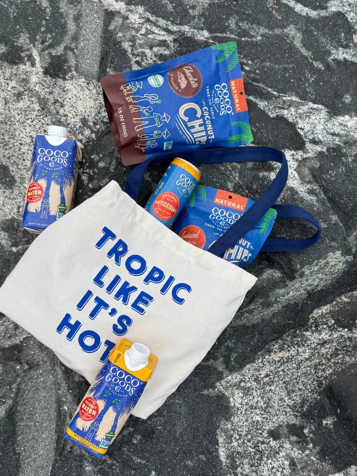 CocoGoodsCo "Tropic Like It's Hot" Summer Beach Tote – 2 Coconut Waters, 3 Antioxidant Energy Drinks, 3 Toasted Coconut Chips & Premium Centrifuged Coconut Oil – Tropical Hydration, Tanning Support & Snack Essentials Kit for wholesale by CocoGoods Co