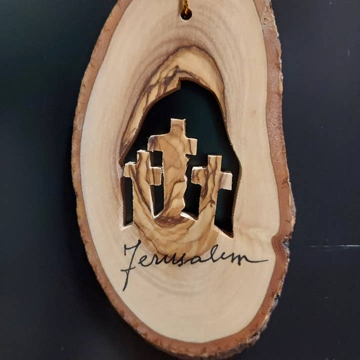 Holy Land Imports - Wholesale Ornament - Three Crosses, Olive Wood Carved Ornament