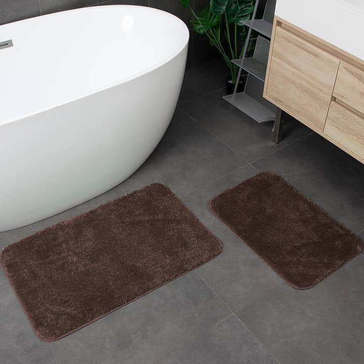 home mart goods - Wholesale Bath Mat Set - Large 2 Piece Brown Microfiber Soft Thick Plush Bath Mat Set