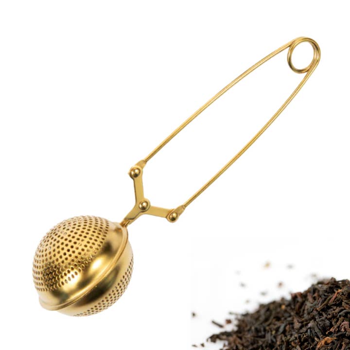 Gold Snap Ball Tea Infuser - Stainless Steel Handle Strainer for wholesale by Magnifique Hearts