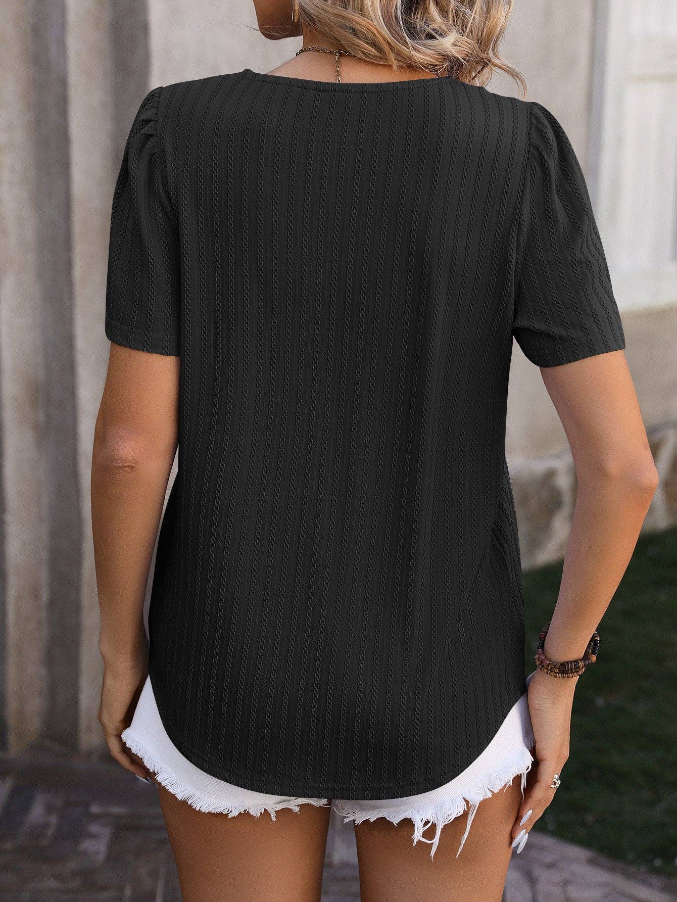 Lovesoft - Wholesale Blouse - Women's - Pleated Square Neck T Shirts Casual Petal Short Sleeve Blouses1