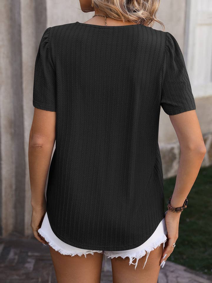 Lovesoft - Wholesale Blouse - Women's - Pleated Square Neck T Shirts Casual Petal Short Sleeve Blouses1