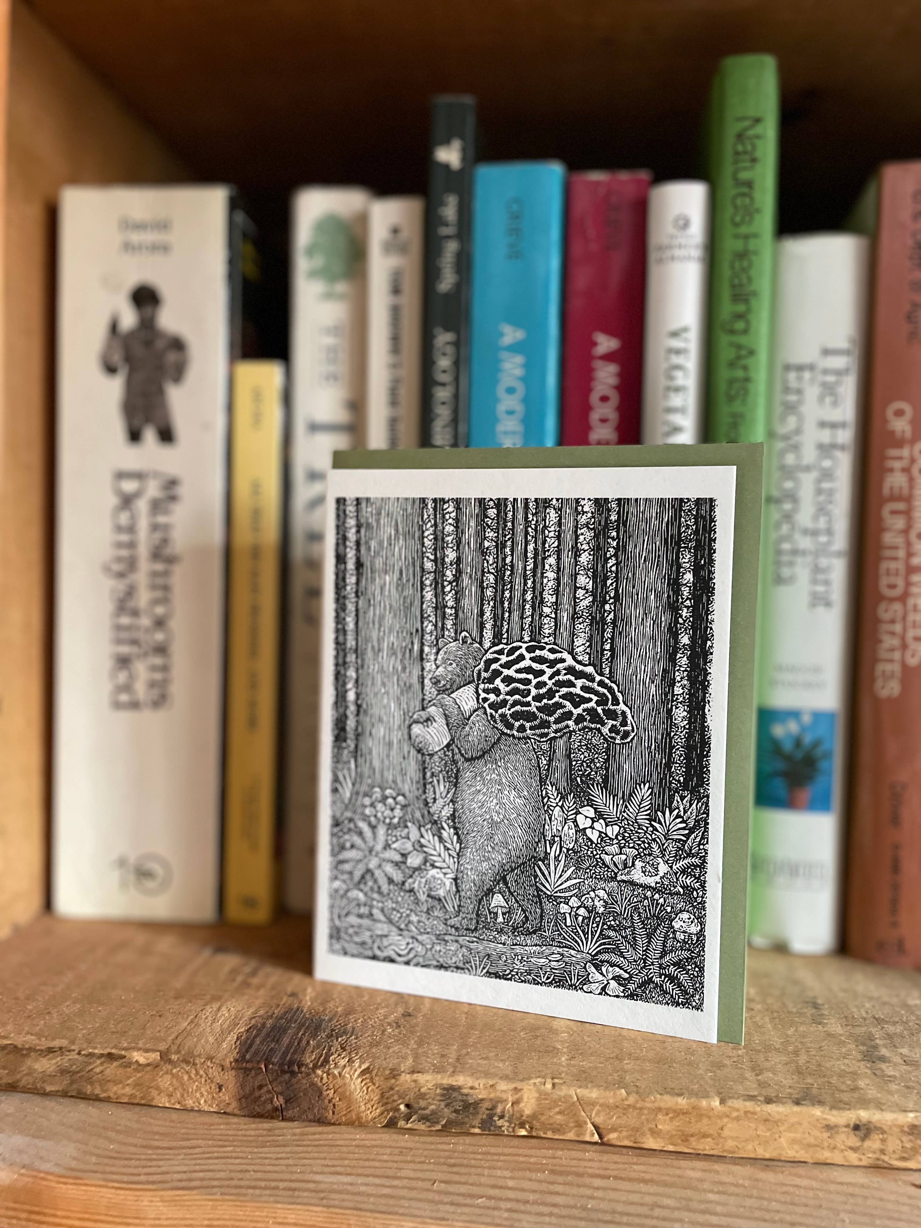 Anomal Press - Wholesale Everyday Greeting Card - Mushroom Hunt linocut relief print greeting card4