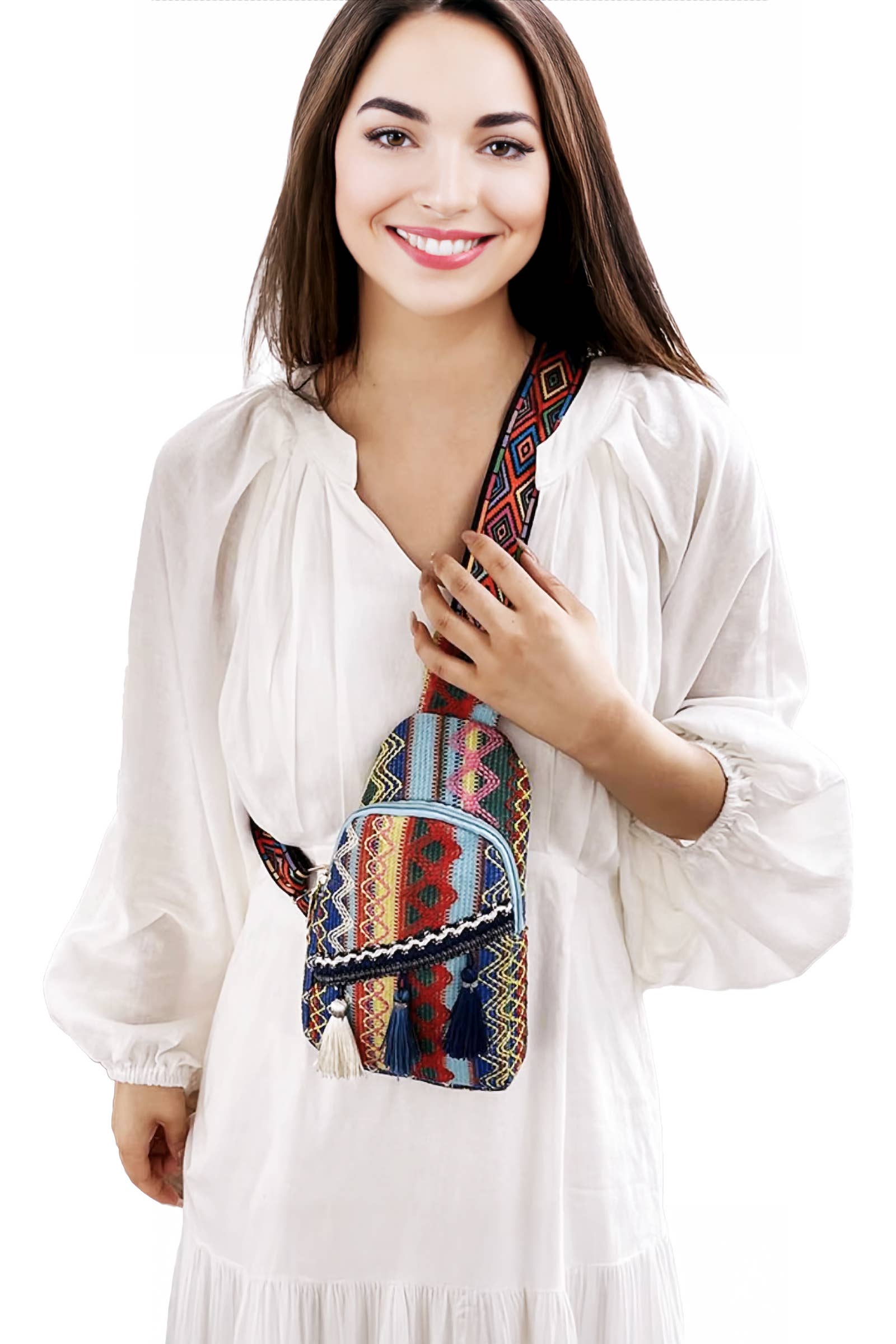 Cap Zone - Wholesale Shoulder Bag - Unisex - Boho Navajo Baja Tribal Woven Tassel Sling Bag6