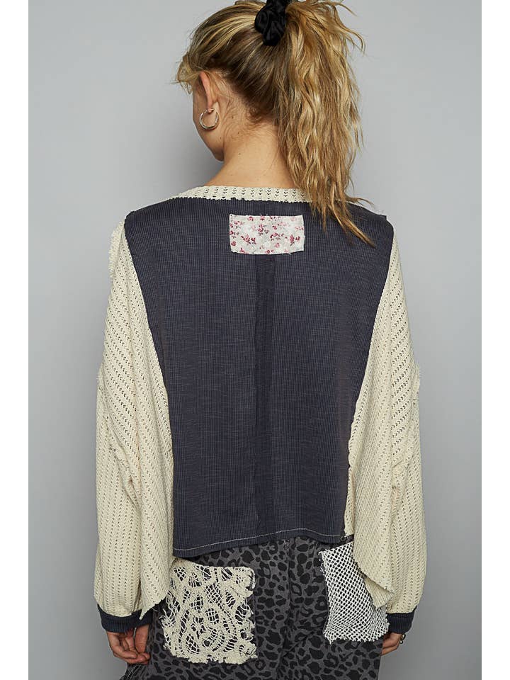 Pol Clothing - Wholesale Knit Top - Women's - Vintage wash V-neck floral ribbed knit top SALE