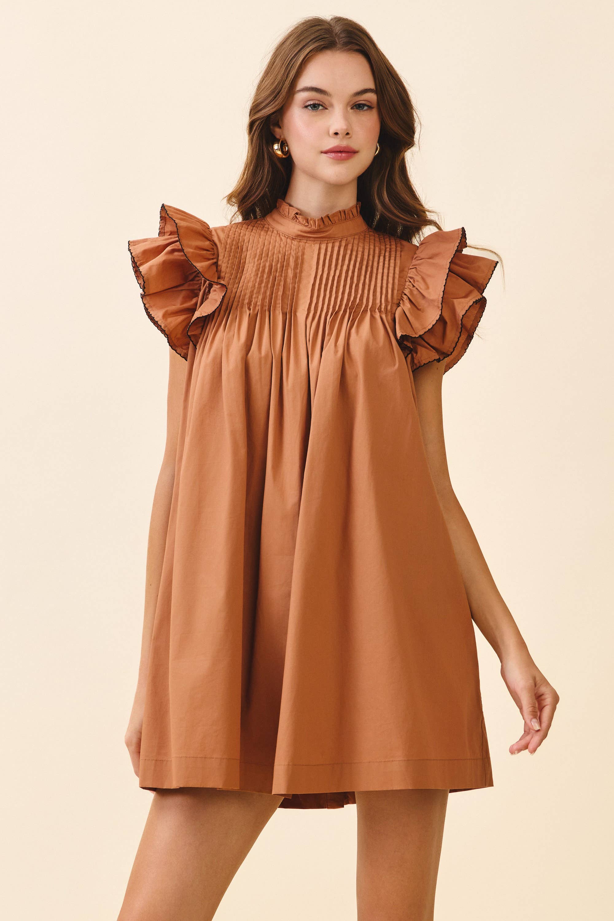 TCEC - Wholesale Dress - Women's - CD06395-Back Button Down High Neck Babydoll Mini Dress6