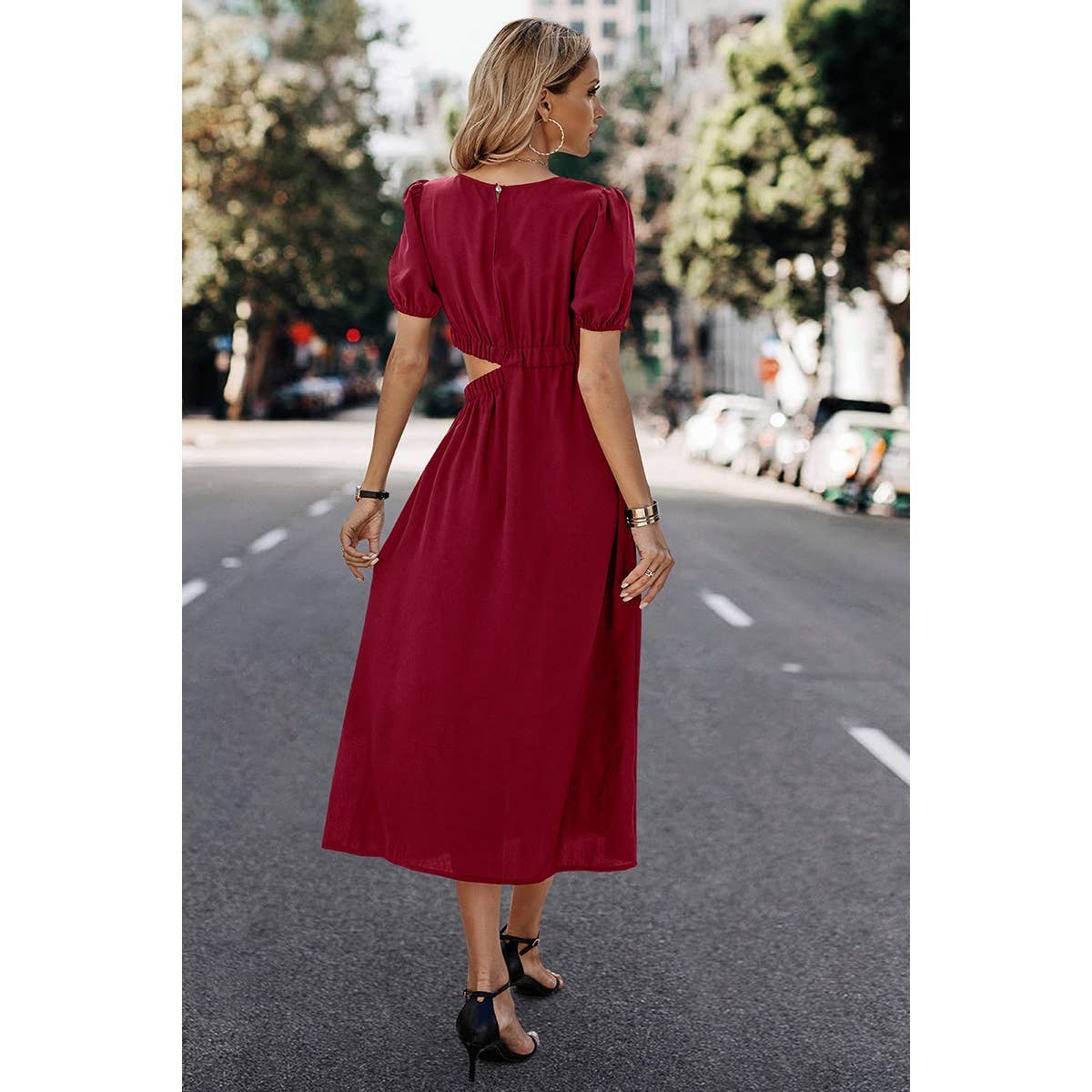 Elings - Wholesale Dress - Women's - Solid Round Neck Cutout Waist A Line Midi Dress8