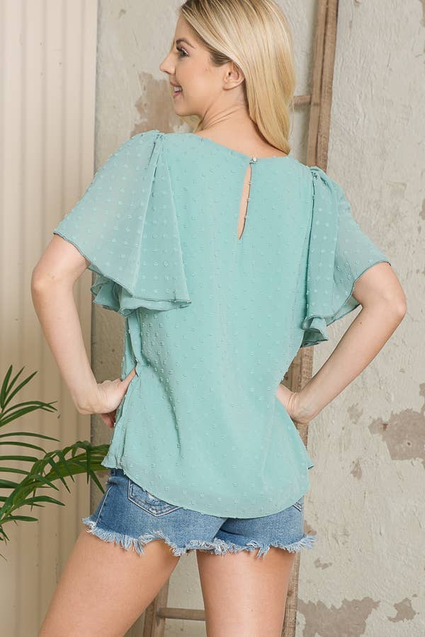 Orange Farm Clothing - Wholesale Blouse - Women's - Swiss Dot Flutter Sleeve Blouse-Solid10