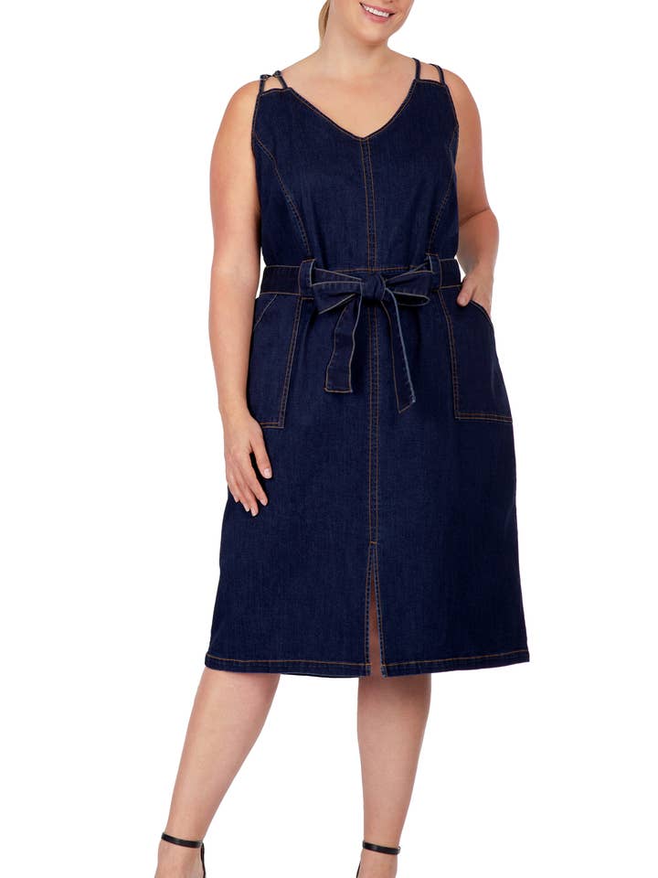 Women's Plus Size Denim Blue Double Strap Casual Midi Dress for wholesale by Standards & Practices