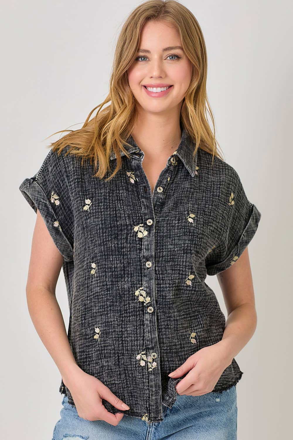 Mystree - Vente Chemise à col boutonné – femme - Haut brodé lavé 6095829