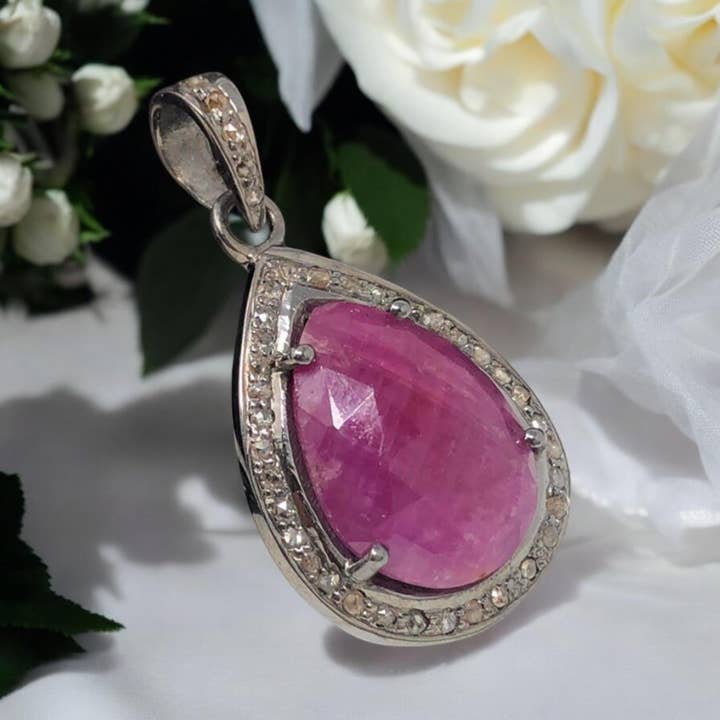 Rosa safir Diamant hänge, Sterling Silver Ädelsten hänge, Pave Diamond Hänge, Naturlig Safir Ädelsten smycken, Gåvor till Henne för wholesale av Akstar Gems