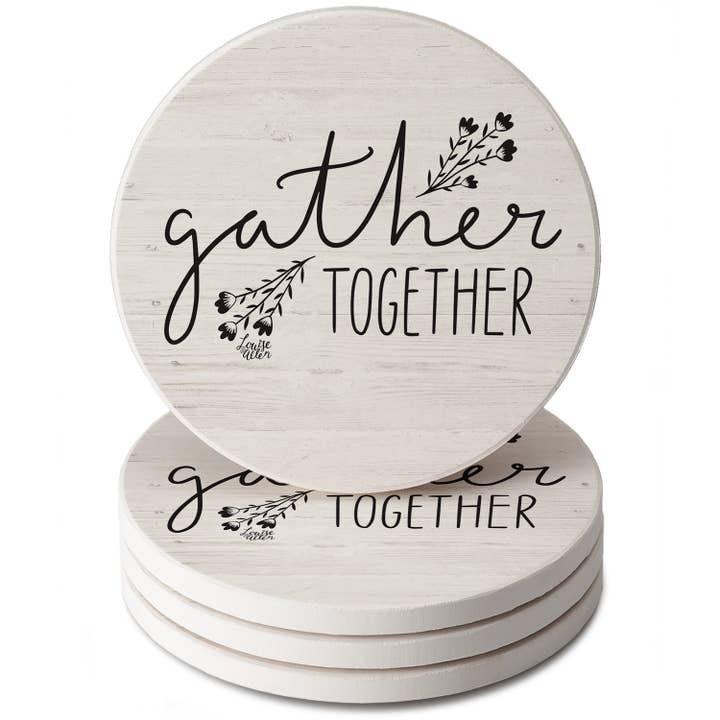 "Gather Together" 4 Pack Round Absorbent Stone Coasters for wholesale by CounterArt/Highland Home/Thirstystone