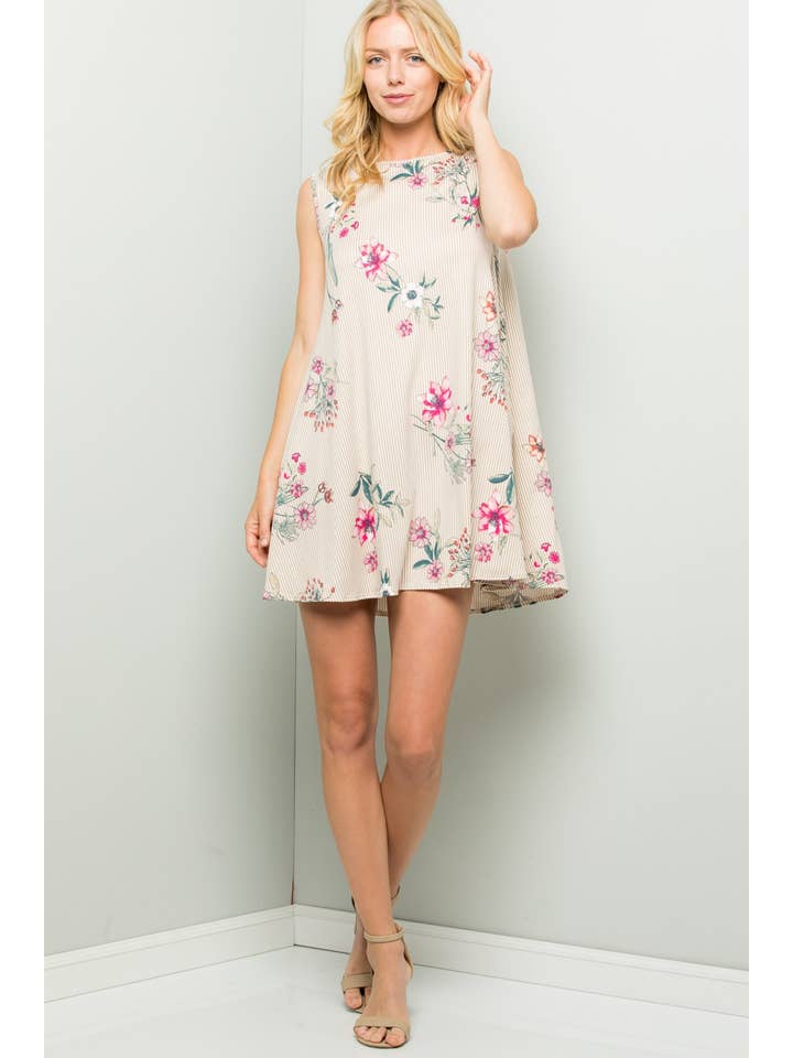 SAND D31002-M Striped Floral Print Dress With Side Pockets for wholesale on Faire
