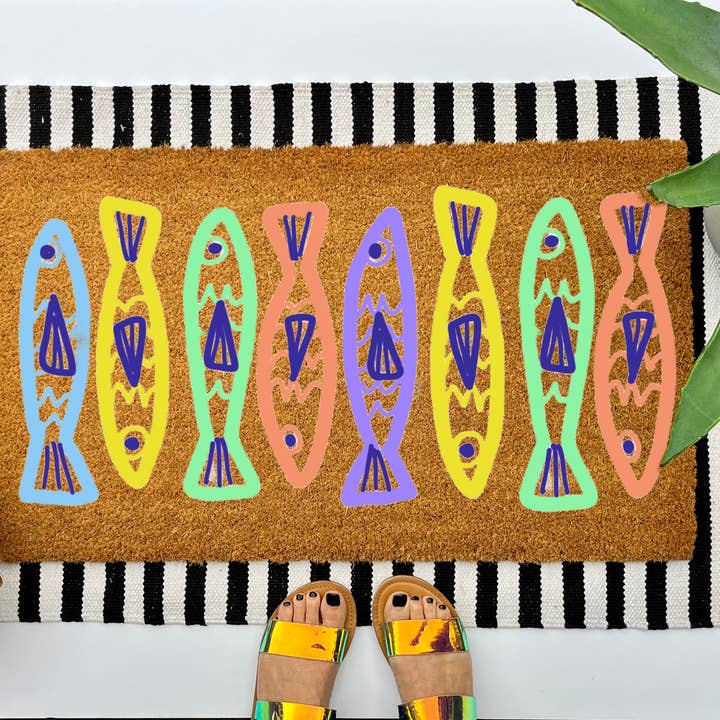 Fish Coir Doormat, size 18x30, coastal welcome mat for wholesale by Cindy Hughes Design