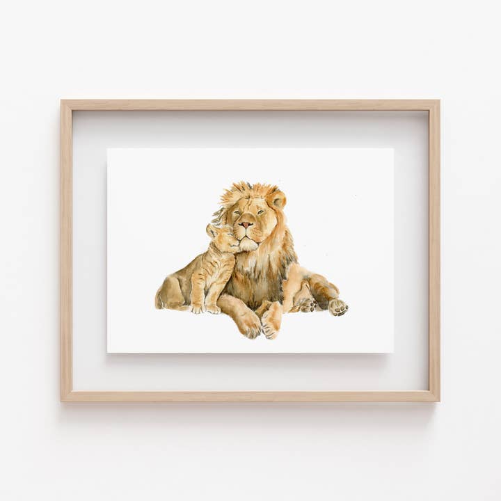 Dad and Baby Watercolor Lion Print for wholesale by Carrie And The Brush