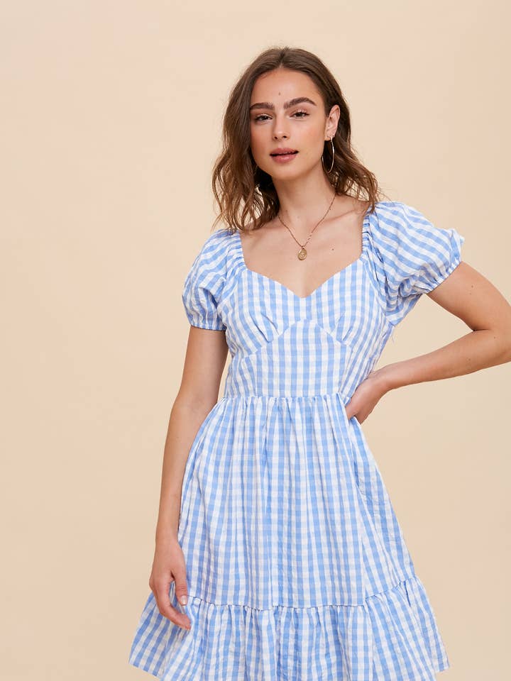 Mini-kjole med sweetheart-udskæring i gingham-mønster for engroshandel hos In Loom