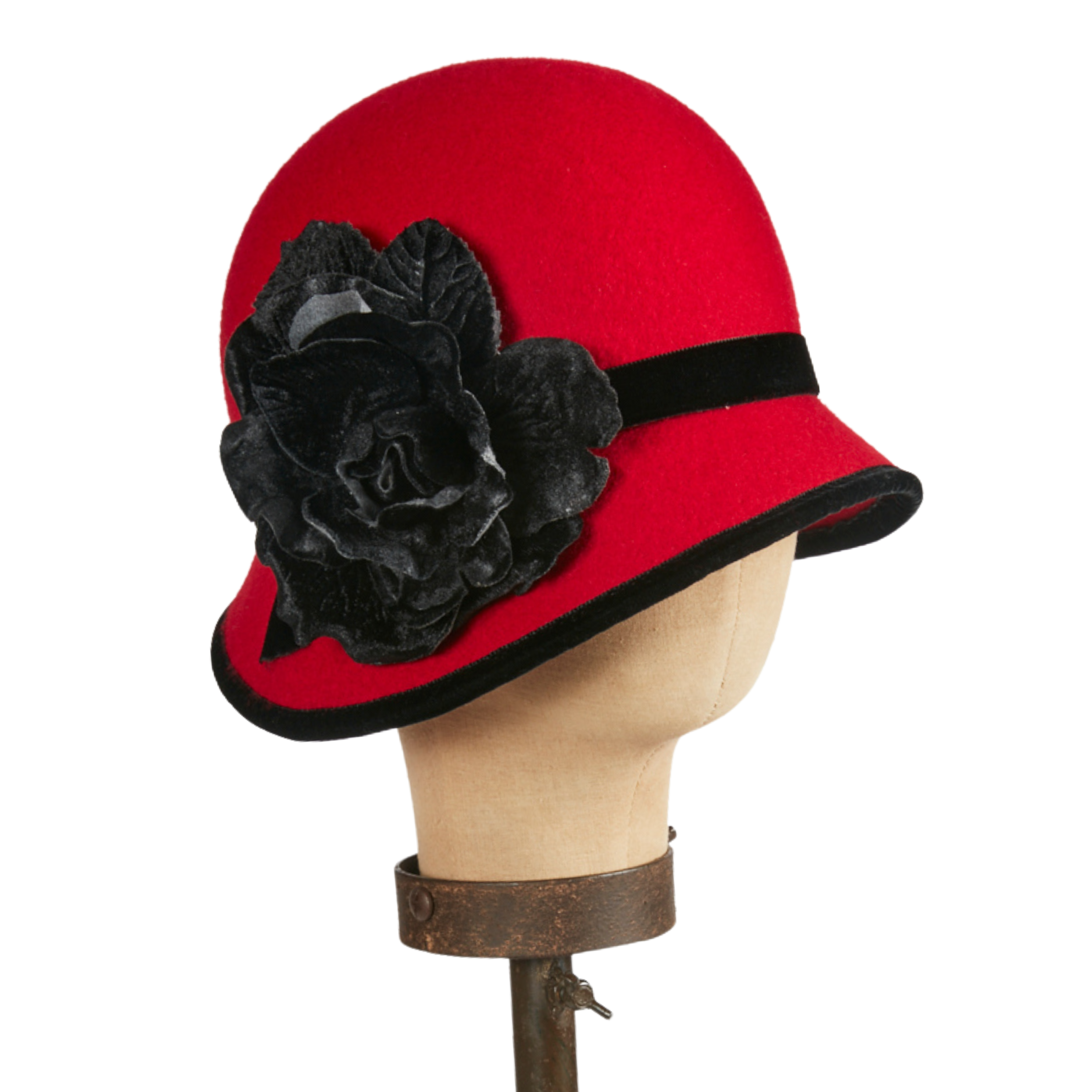 Kathy Jeanne Millinery - Vendita all'ingrosso Cappello cloche - Donna - Cloche rossa in lana anni '20 con rosa in velluto nero0