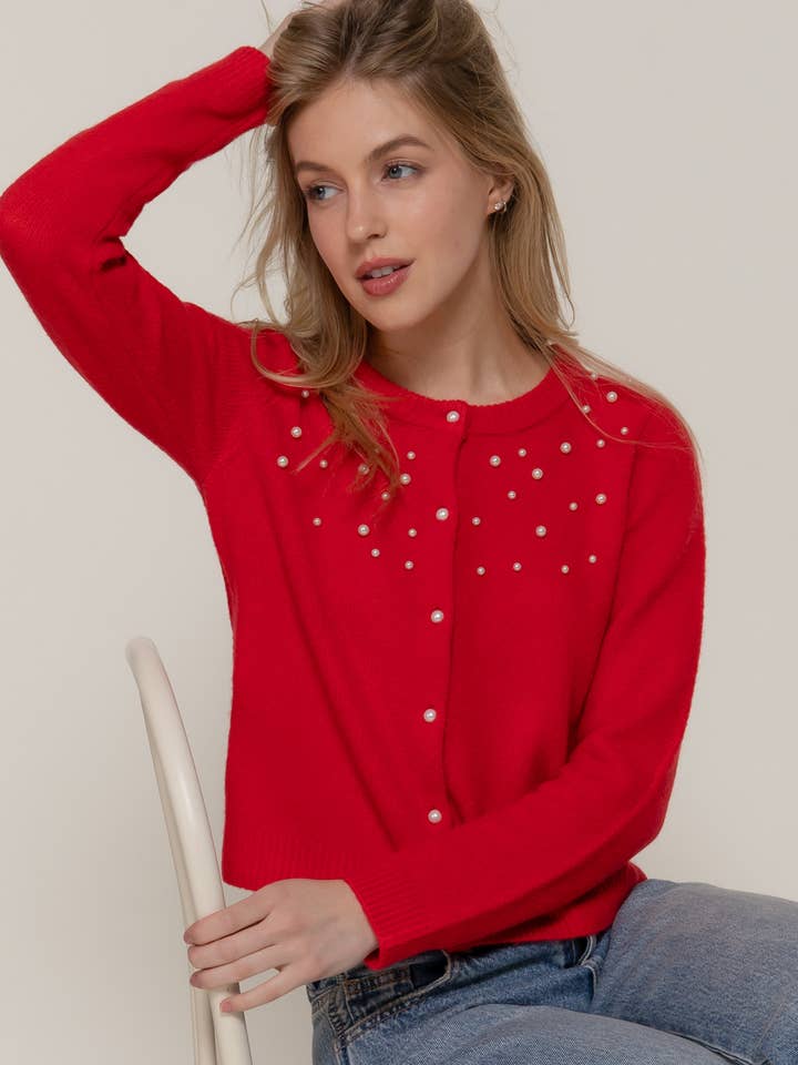 Active Basic | Active USA - Wholesale Cardigan - Women's - Long Sleeve Round Neck Pearl Embellished Sweater Cardigan1