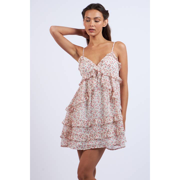 PINK FLORAL SLEEVELESS TIERED RUFFLE MINI DRESS for wholesale by Sky to Moon