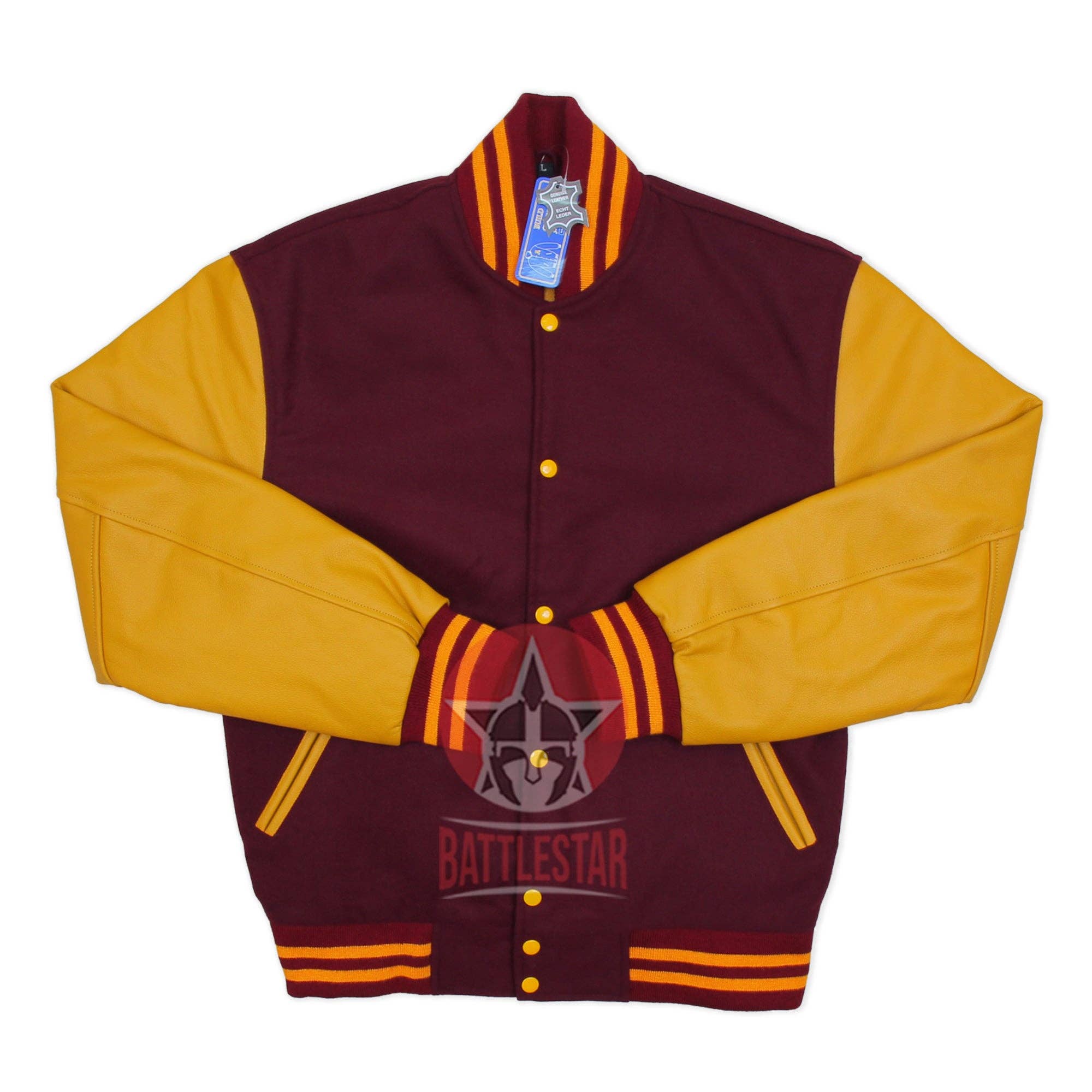 Eastworth Industries - Wholesale Varsity/Baseball Jacket - Men's - Maroon Wool Varsity Jacket Gold Yellow Leather Sleeves0