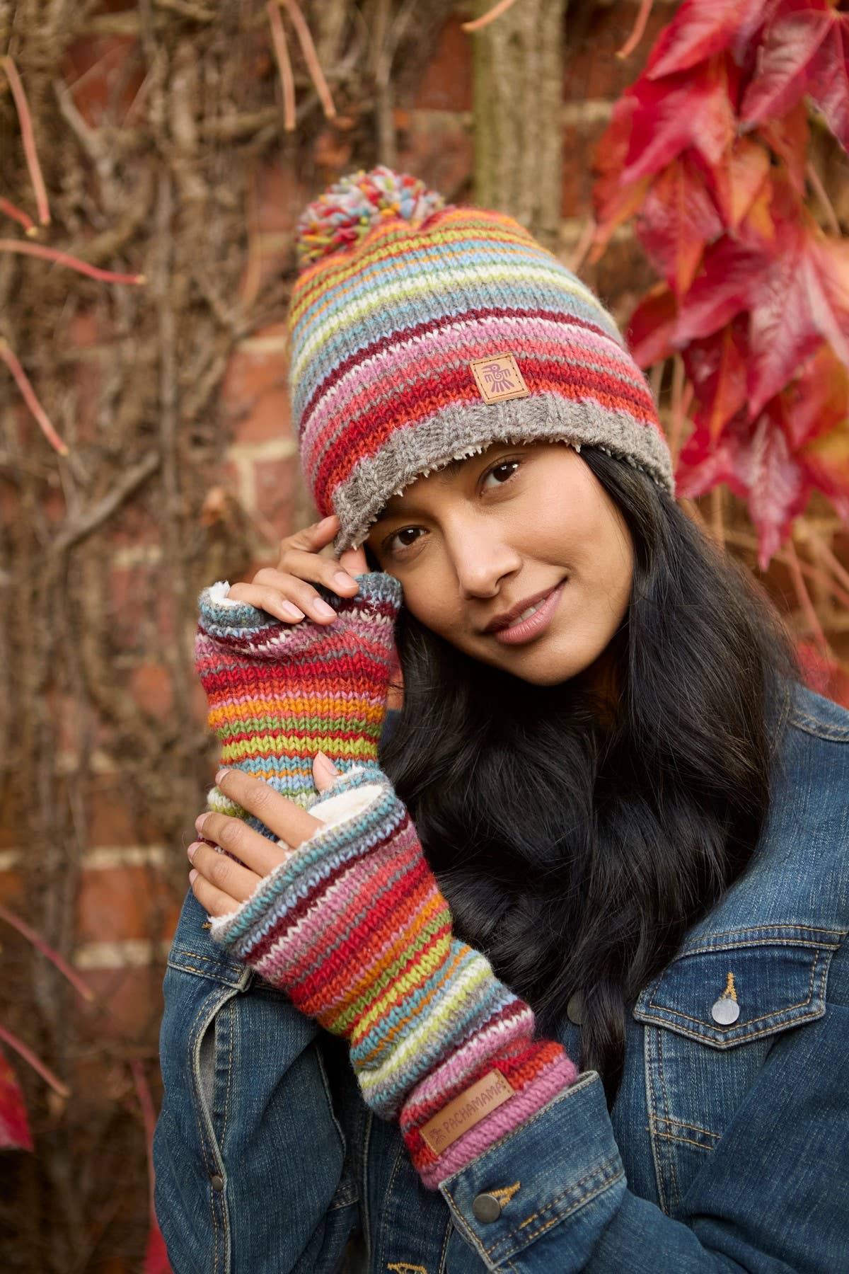 Handwarmer Seville Knit Fingerless Gloves Sunset Striped Sherpa Fleece for wholesale on Faire2