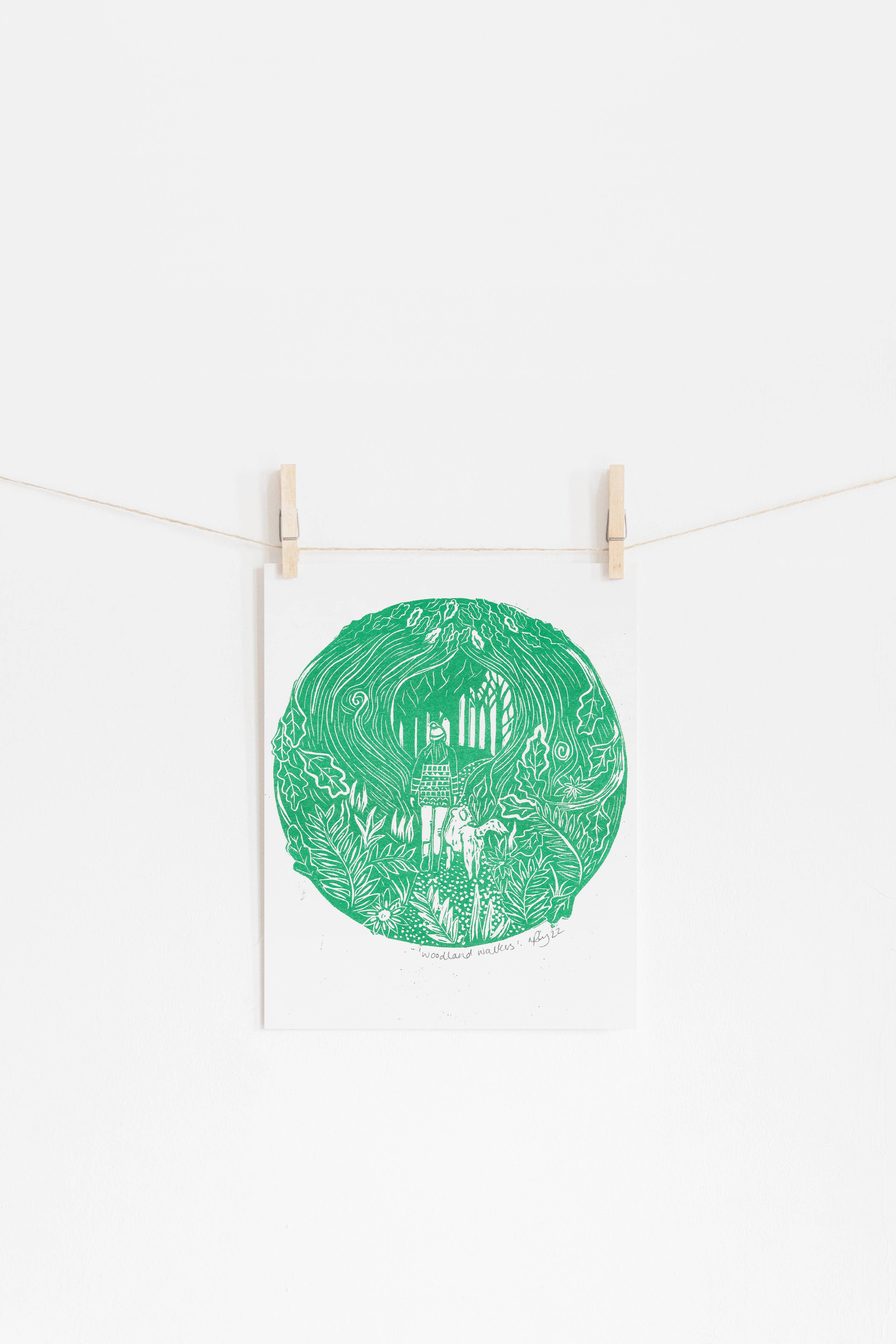 Prints by the Bay - Wholesale Art Print - Woodland Walkers riso print, hiking, dog, forest, winter