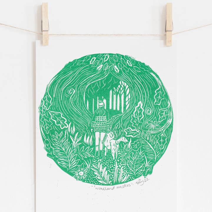 Prints by the Bay - Wholesale Art Print - Woodland Walkers riso print, hiking, dog, forest, winter0