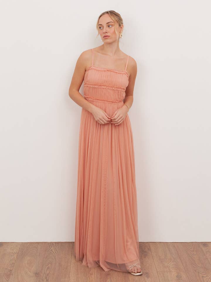 Anaya With Love Recycled Peach Tulle Square Neck Strappy Maxi Dress for wholesale by Plaza Collection Ltd