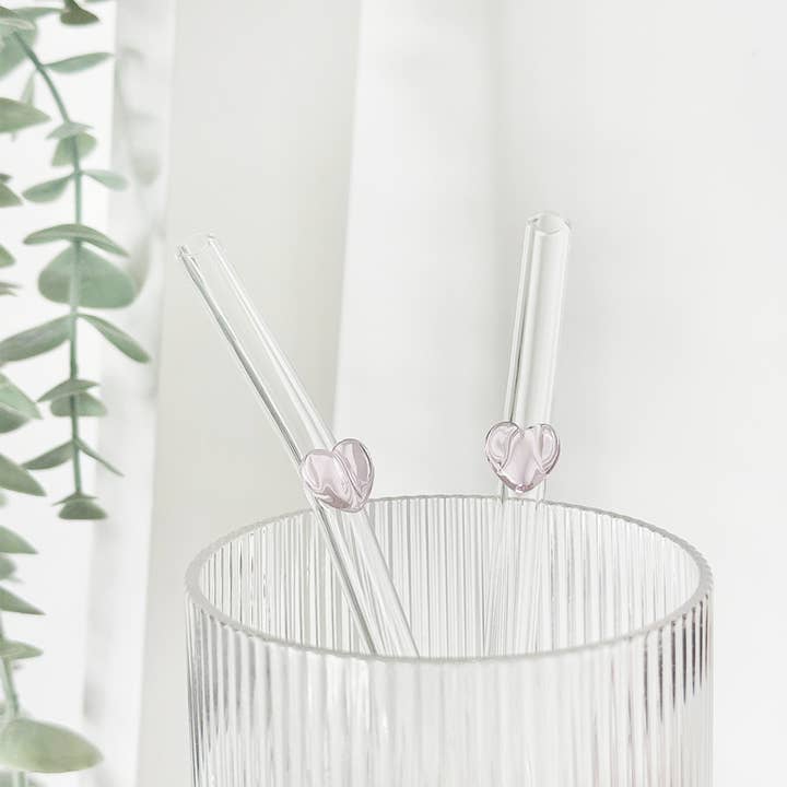 Glass Straw Set - Pink Heart for wholesale by Coconut Lane