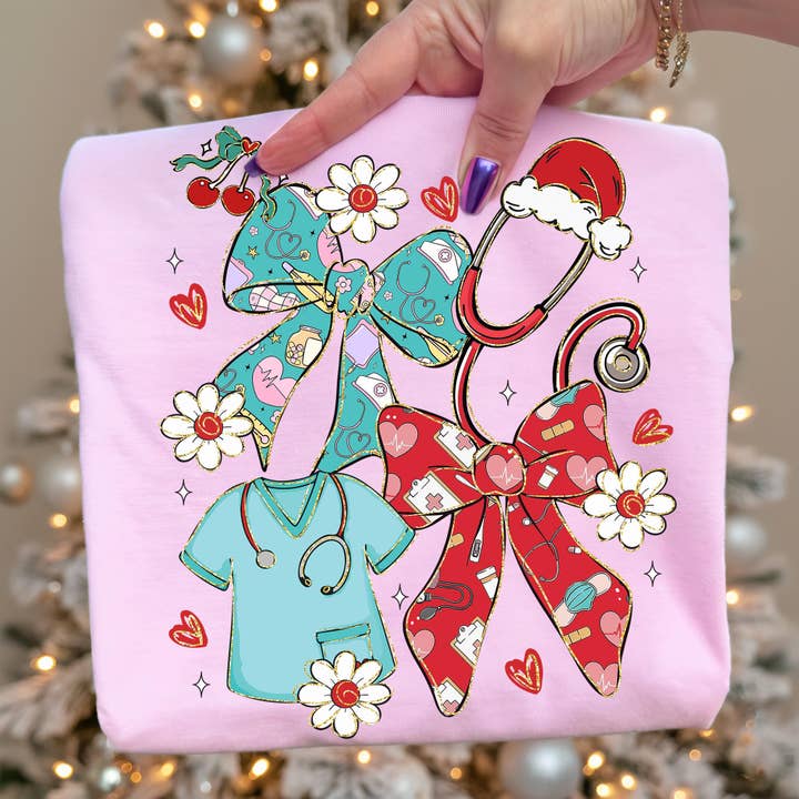 NVC Ecommerce LLC - Wholesale T-Shirt (Graphic) - Women's - Christmas Nurse Coquette Tee, Preppy Nurse Christmas Sweater2