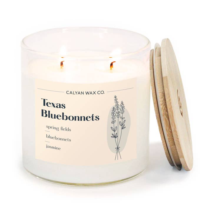 Texas Bluebonnet - Candela a forma di soia in vetro trasparente per la vendita all'ingrosso da parte di Calyan Wax Co.