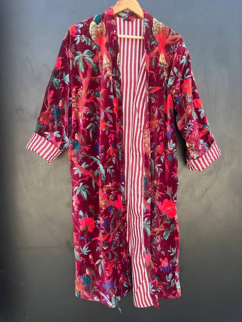 bhavnas boutique - Wholesale Robe - Women's - Women Wear Cotton Velvet Robe Bird Print Velvet Kimono Robes0
