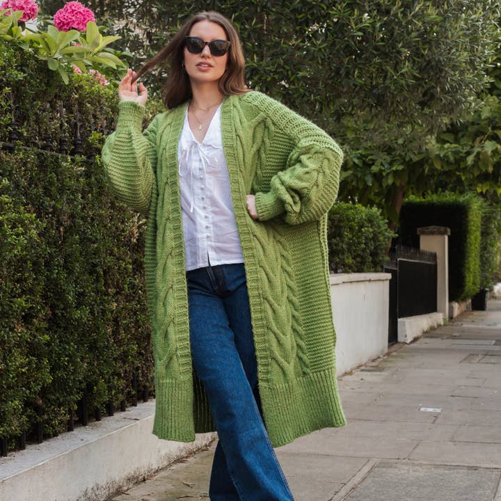 Cara & The Sky - Wholesale Cardigan - Women's - Alex Cable Longline Balloon Sleeve Cardigan - Green | Knit