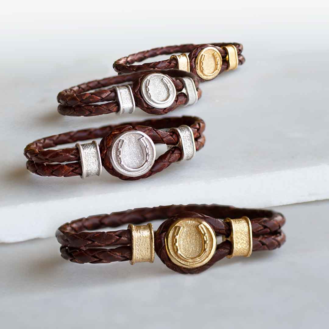 URBAN-EQUESTRIAN - Vente Bracelet jonc - Colton - Bracelet Équestre Tressé en Dôme de Fer à Cheval Or ou Argent sur Marron0