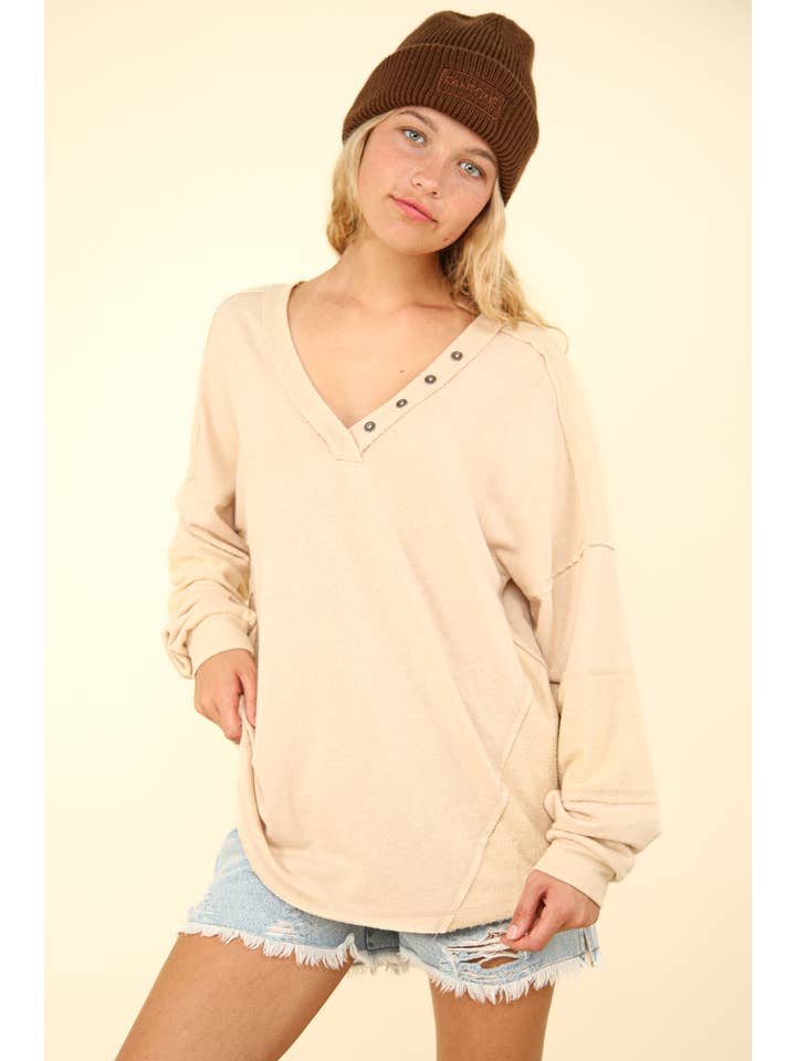 VERY J - Wholesale Knit Top - Women's - NT11802-Washed Knit V-Neck Oversized Top