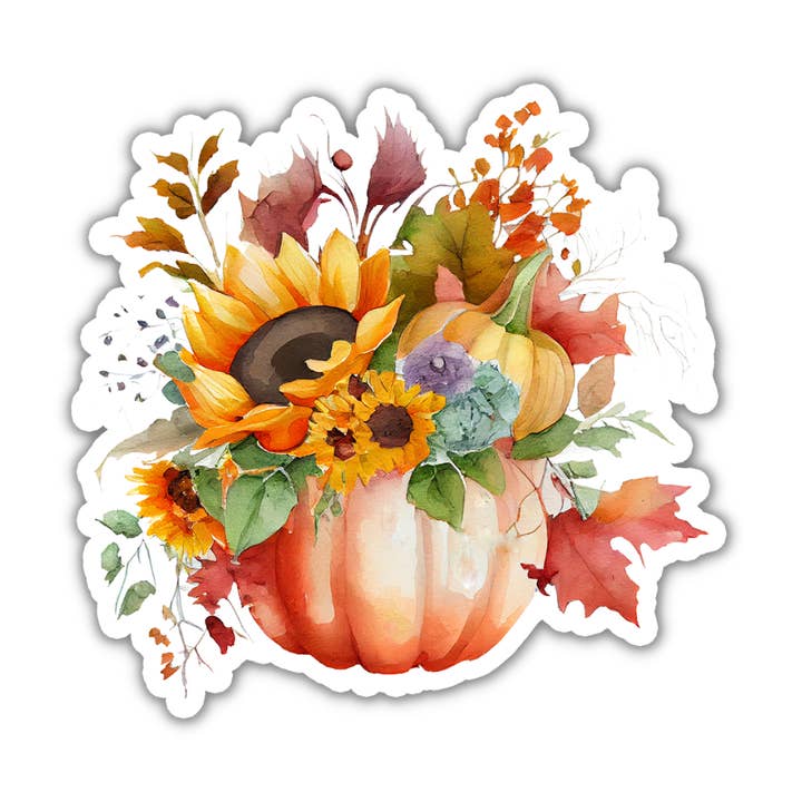 Autocollant imperméable en vinyle aquarelle « citrouille et tournesol », 3 po pour la vente par Sarah Curran Designs