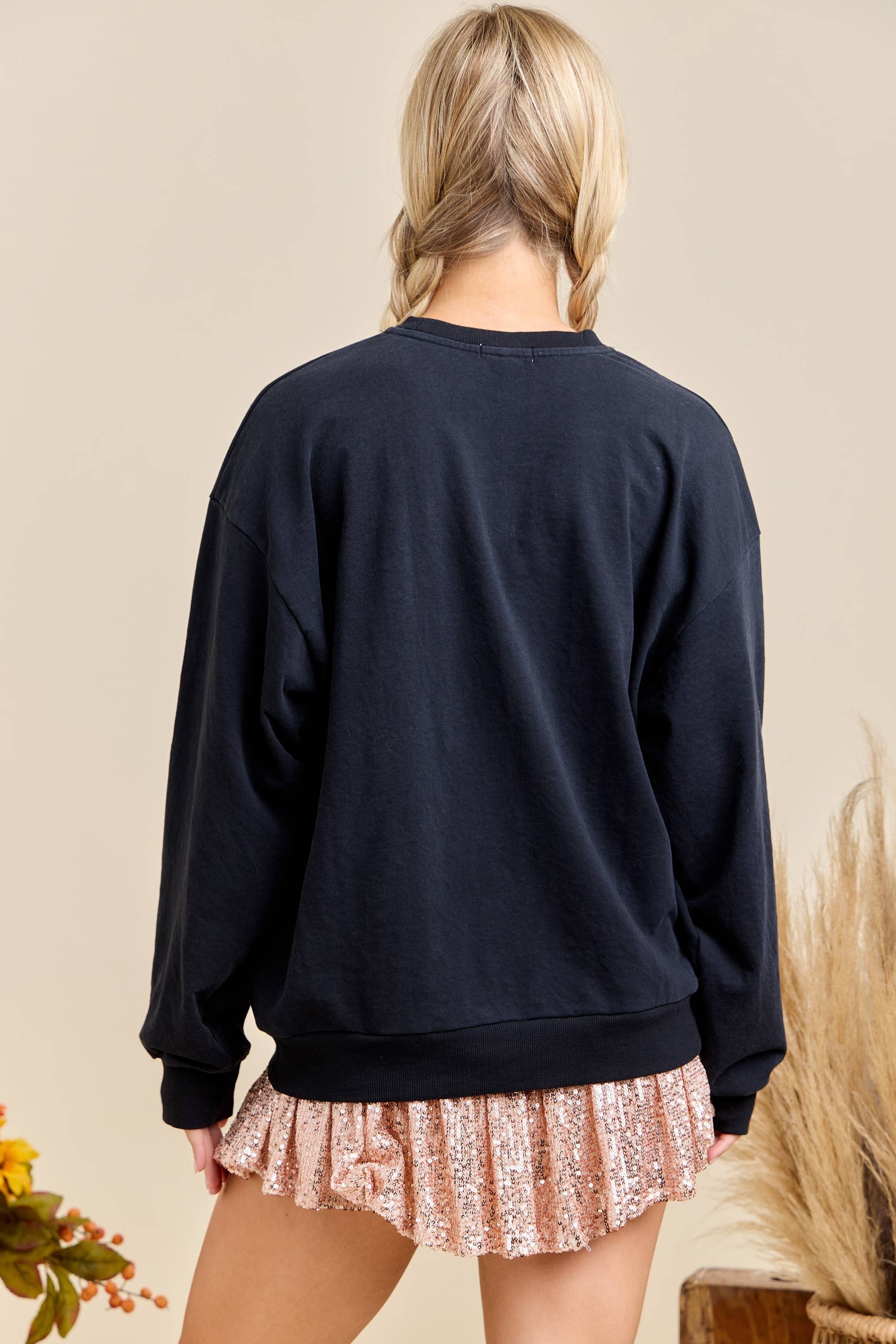 BLACK Halloween Patchwork Long Sleeve Crewneck With Mineral Wash	 for wholesale on Faire1