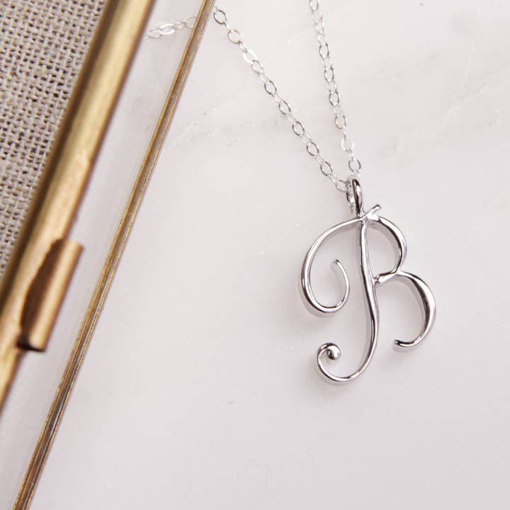 B Cursive Silver Initial Pendant Necklace for wholesale by Soul & Little Rose