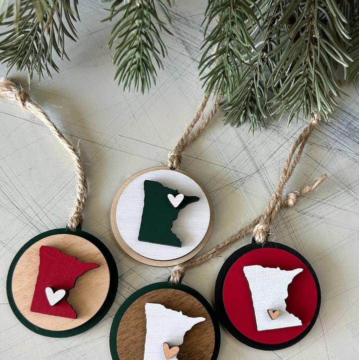 Small handmade Minnesota round ornament with heart for wholesale by Novotny Designs