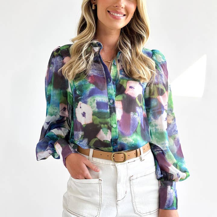 Tie-dye V-neck long-sleeved button-up shirt for wholesale by Lily Clothing