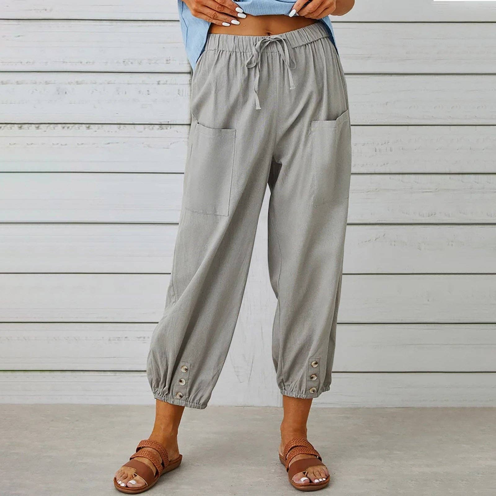 safistyle - Wholesale Pants - Women's - Loose High-Waist Buttoned Cotton Linen Wide-Leg Pants9