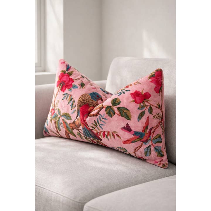 Artistic Bird and Floral Velvet Lumbar Cushion for wholesale by Linen Connections