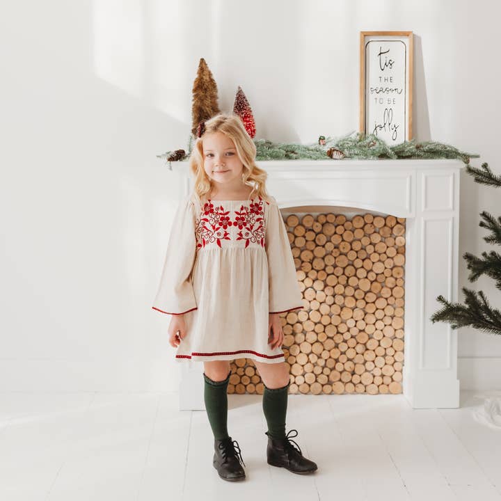 LARILI - Wholesale Dress - Kids - Linen Blend Natural Hand Embroidery Dress